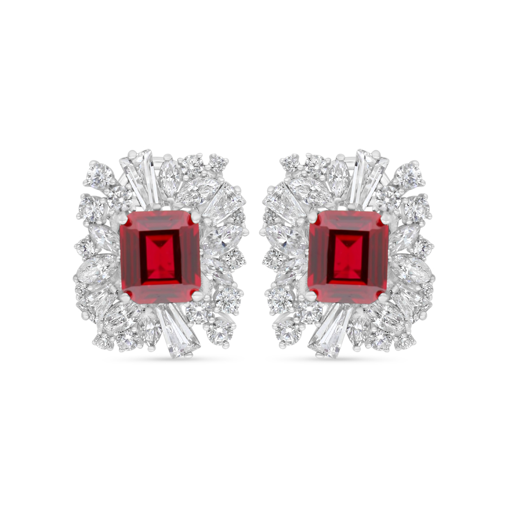 Sterling Silver 925 Earring Rhodium Plated Embedded With Ruby Corundum And White Zircon