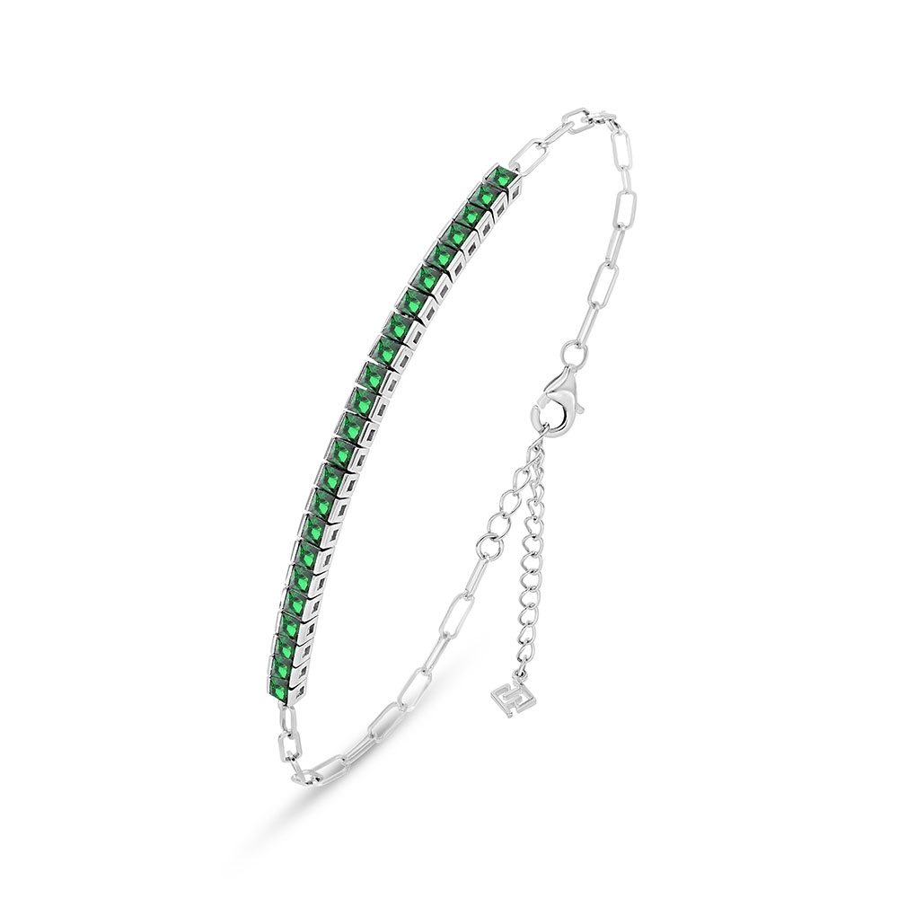 Sterling Silver 925 Bracelet Rhodium Plated Embedded With Emerald Zircon 