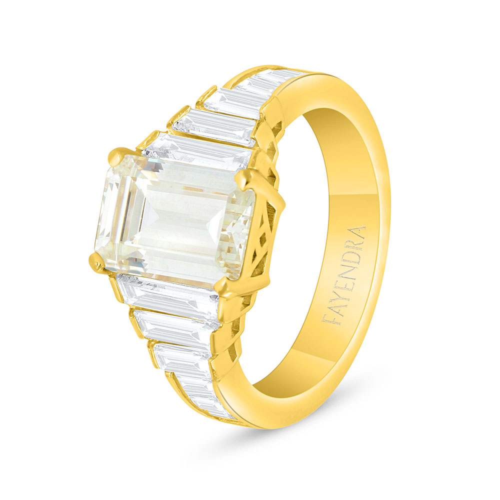 Sterling Silver 925 Ring Golden Plated Embedded With Yellow Diamond And White Zircon