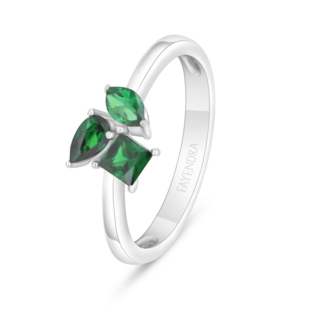 Sterling Silver 925 Ring Rhodium Plated Embedded With Emerald Zircon And White Zircon