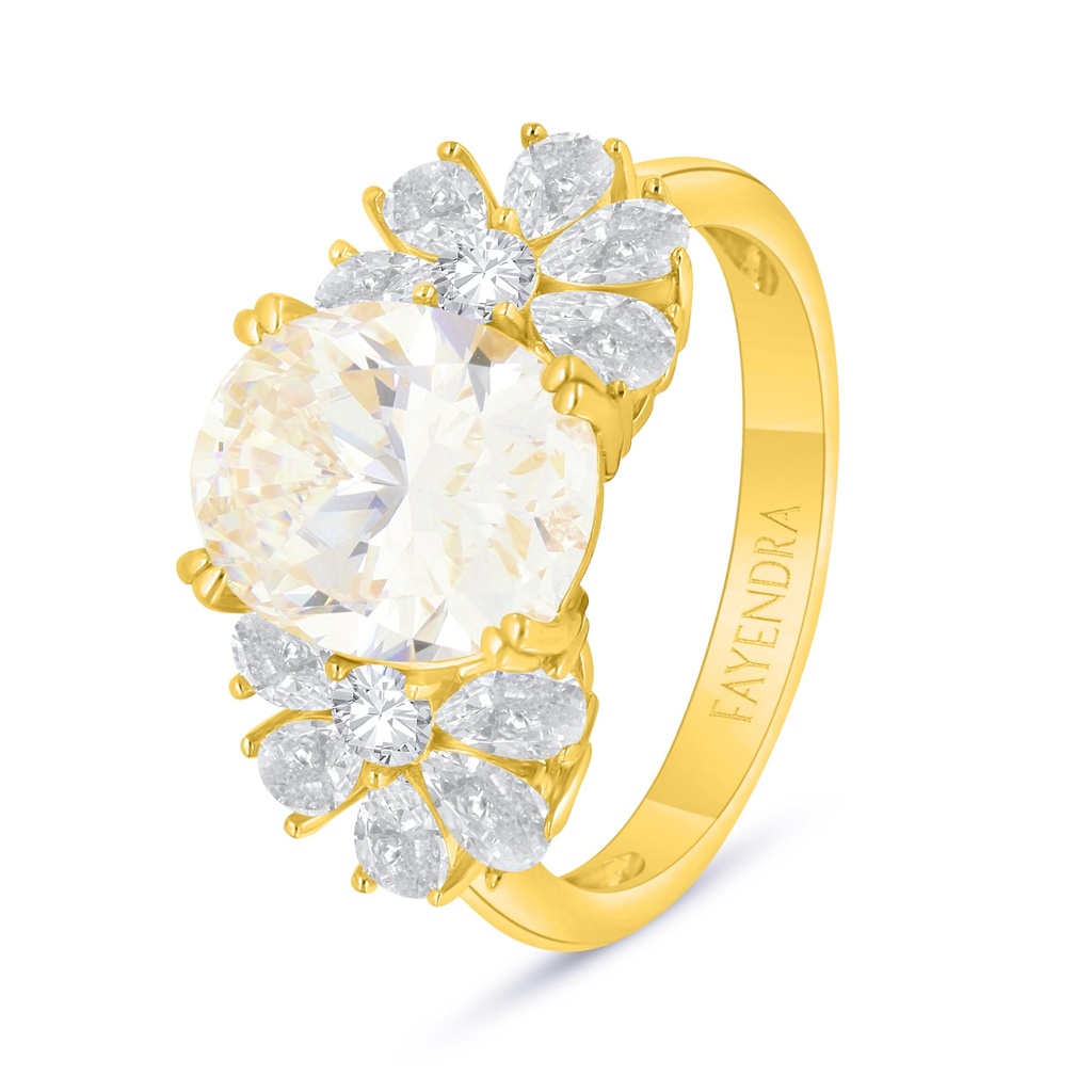 Sterling Silver 925 Ring Golden Plated Embedded With Yellow Diamond And White Zircon