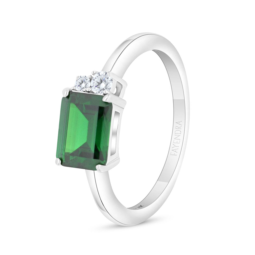 Sterling Silver 925 Ring Rhodium Plated Embedded With Emerald Zircon And White Zircon