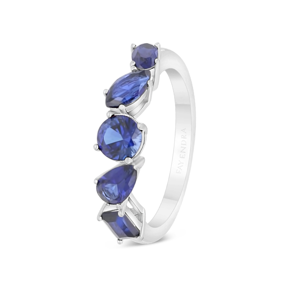 Sterling Silver 925 Ring Rhodium Plated Embedded With Sapphire Corundum And White Zircon