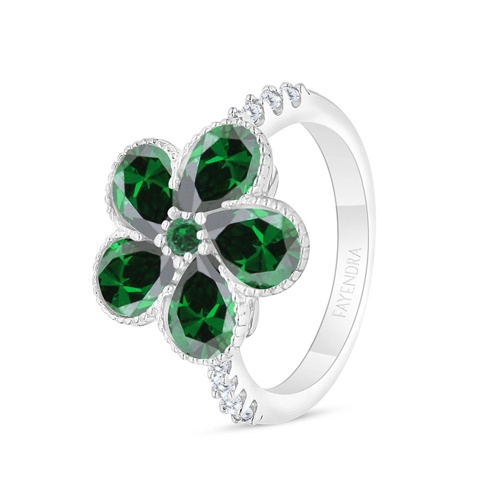 Sterling Silver 925 Ring Rhodium Plated Embedded With Emerald Zircon And White Zircon