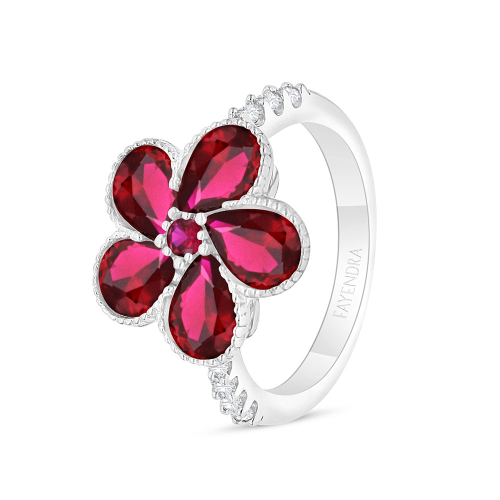 Sterling Silver 925 Ring Rhodium Plated Embedded With Ruby Corundum And White Zircon