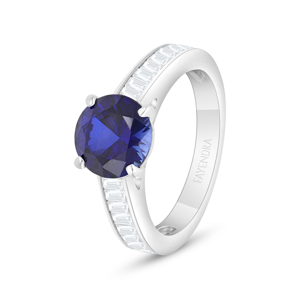 Sterling Silver 925 Ring Rhodium Plated Embedded With Sapphire Corundum And White Zircon