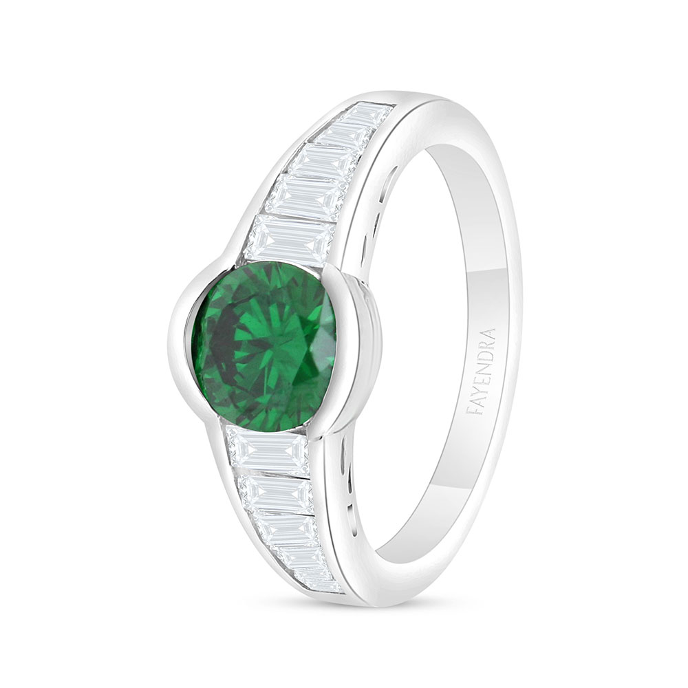 Sterling Silver 925 Ring Rhodium Plated Embedded With Emerald Zircon And White Zircon