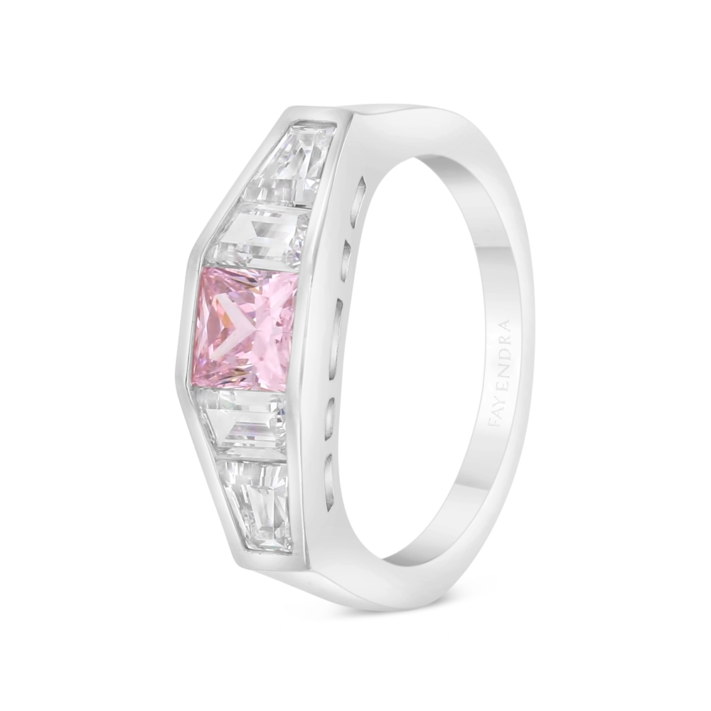 Sterling Silver 925 Ring Rhodium Plated Embedded With Pink Zircon And White Zircon