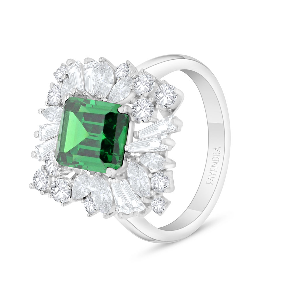 Sterling Silver 925 Ring Rhodium Plated Embedded With Emerald Zircon And White Zircon