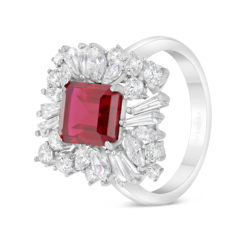 Sterling Silver 925 Ring Rhodium Plated Embedded With Ruby Corundum And White Zircon