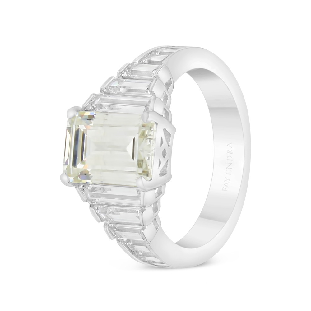 Sterling Silver 925 Ring Rhodium Plated Embedded With Yellow Diamond And White Zircon