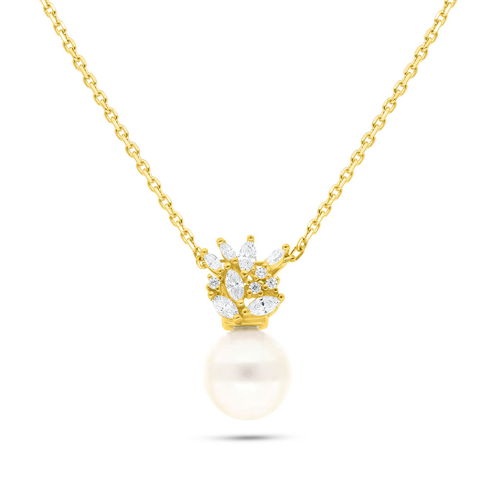 Sterling Silver 925 Necklace Golden Plated Embedded With Fresh Water Pearl And White Zircon