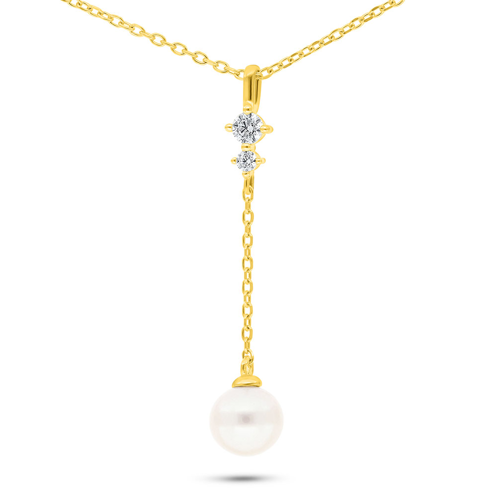 Sterling Silver 925 Necklace Golden Plated Embedded With Fresh Water Pearl And White Zircon