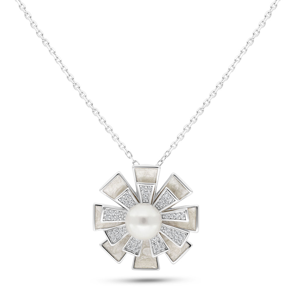 Sterling Silver 925 Necklace Rhodium Plated Embedded With Fresh Water Pearl And White Shell And White Zircon