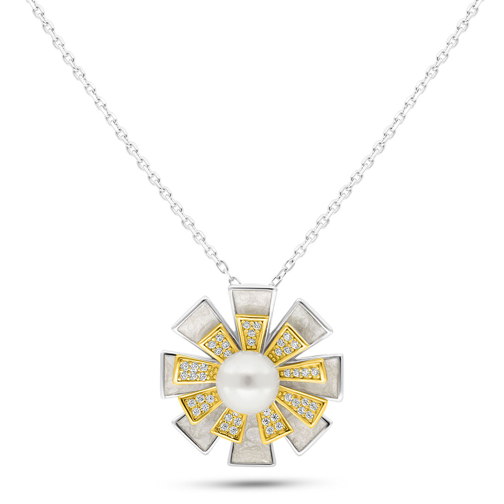 Sterling Silver 925 Necklace Rhodium And Gold Plated Embedded With Fresh Water Pearl And White Shell And White Zircon