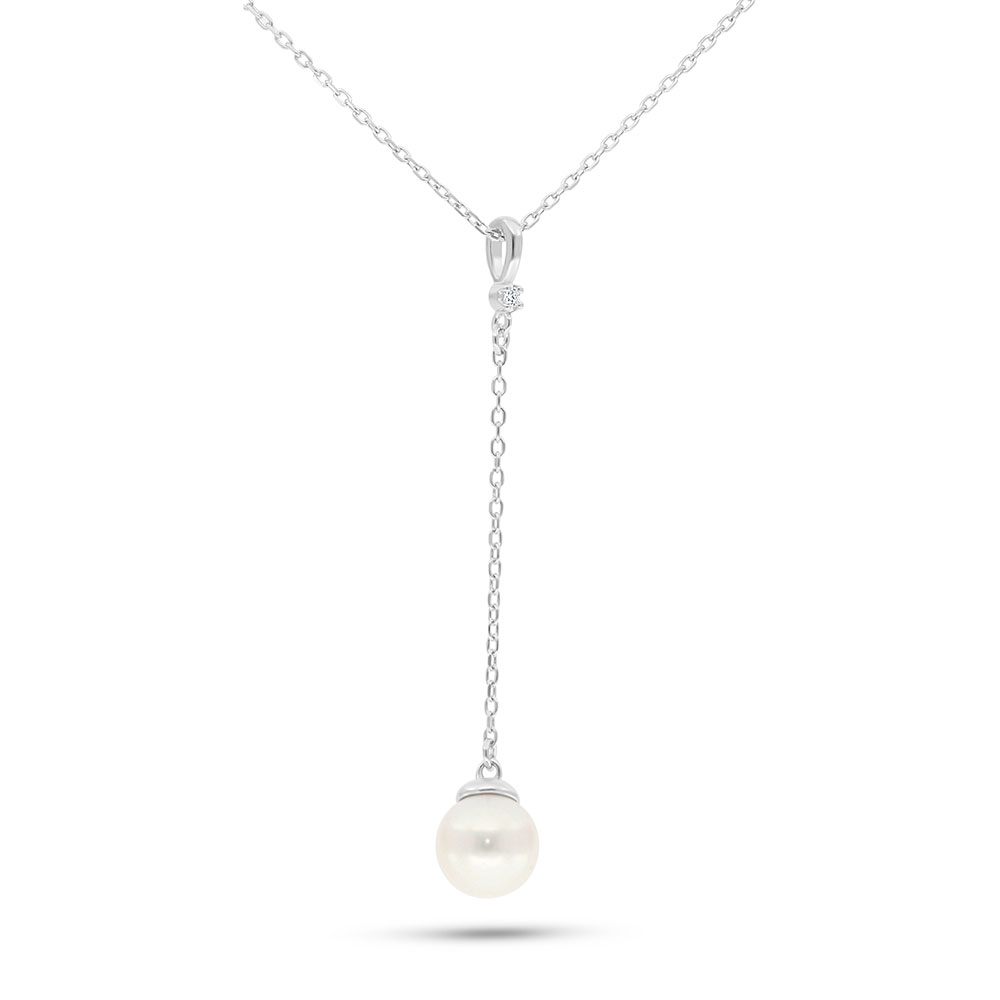 Sterling Silver 925 Necklace Rhodium Plated Embedded With Fresh Water Pearl And White Zircon