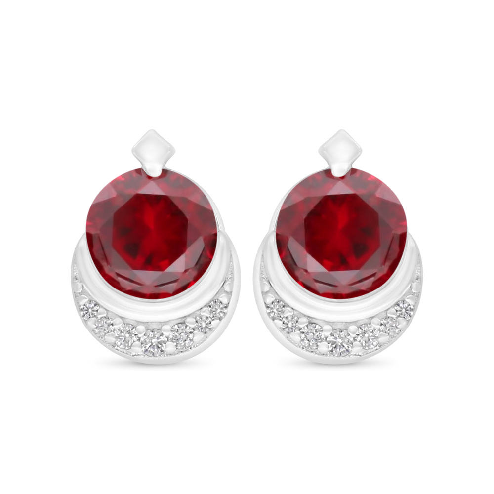 Sterling Silver 925 Earring Rhodium Plated Embedded With Ruby Corundum And White Zircon