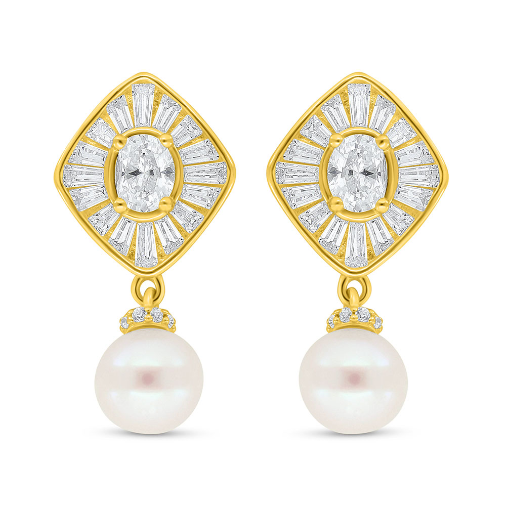 Sterling Silver 925 Earring Golden Plated Embedded With Fresh Water Pearl And White Zircon