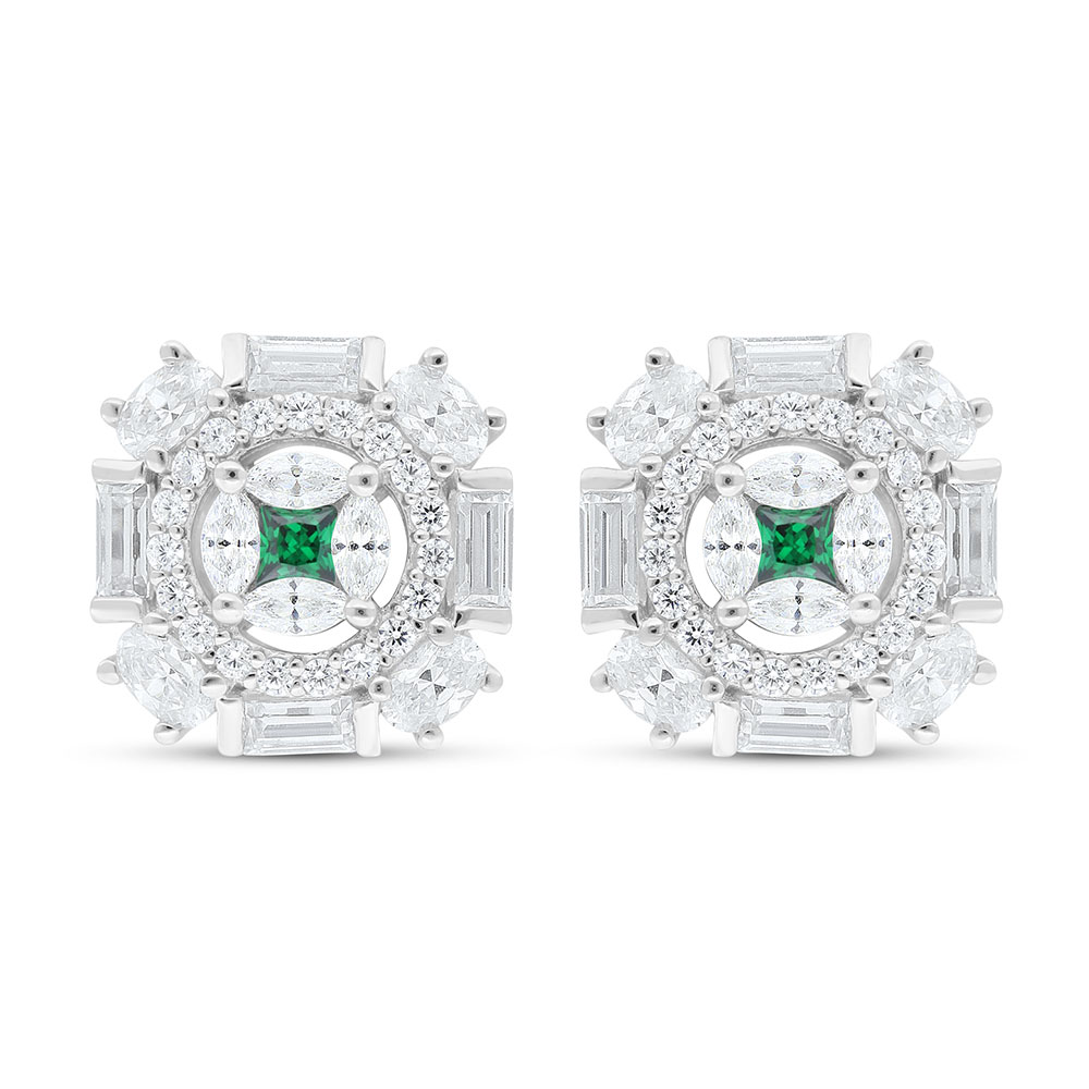 Sterling Silver 925 Earring Rhodium Plated Embedded With Emerald Zircon And White Zircon