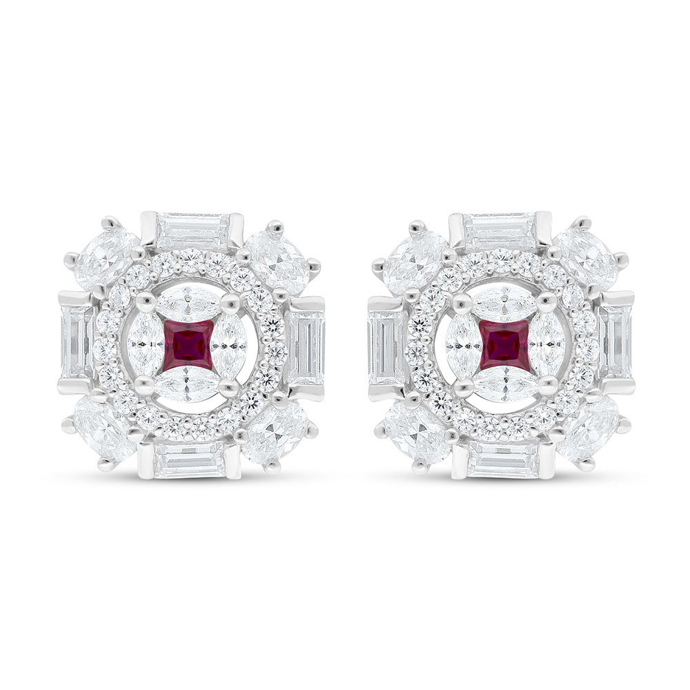 Sterling Silver 925 Earring Rhodium Plated Embedded With Ruby Corundum And White Zircon