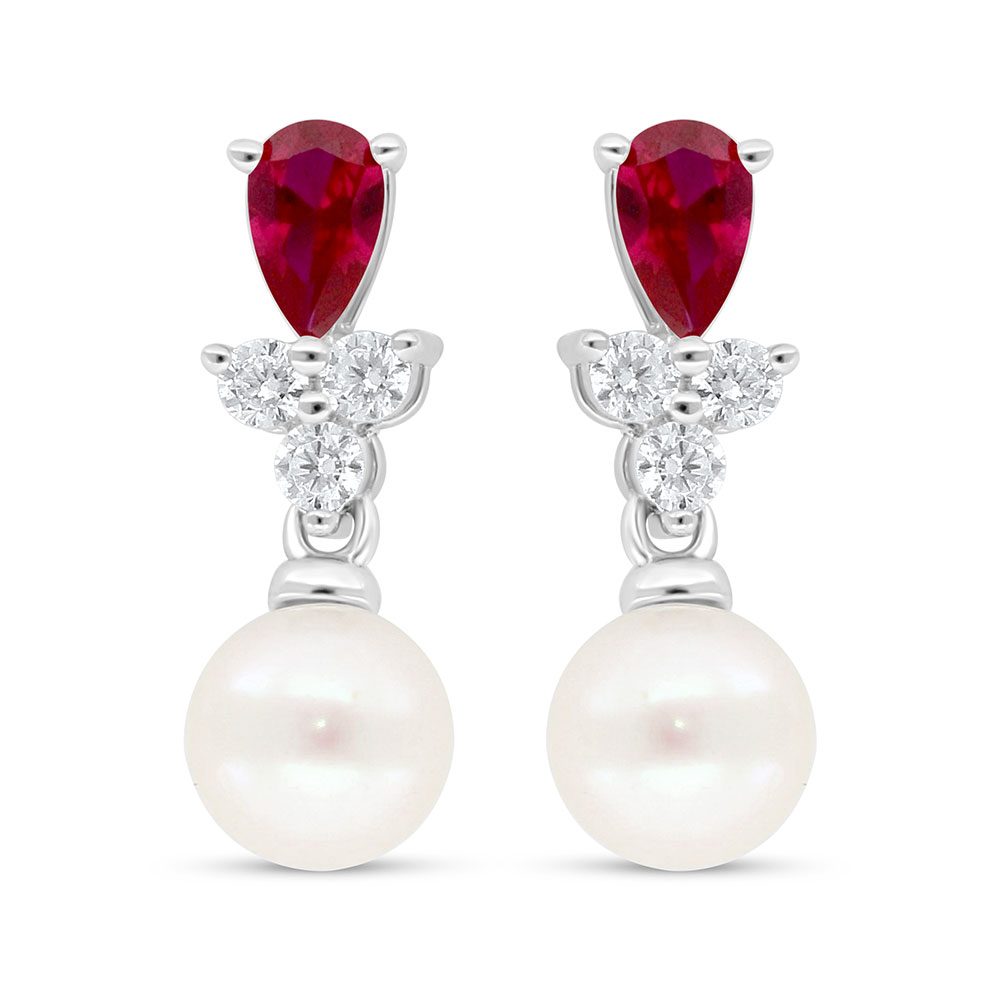 Sterling Silver 925 Earring Rhodium Plated Embedded With Fresh Water Pearl And Ruby Corundum And White Zircon