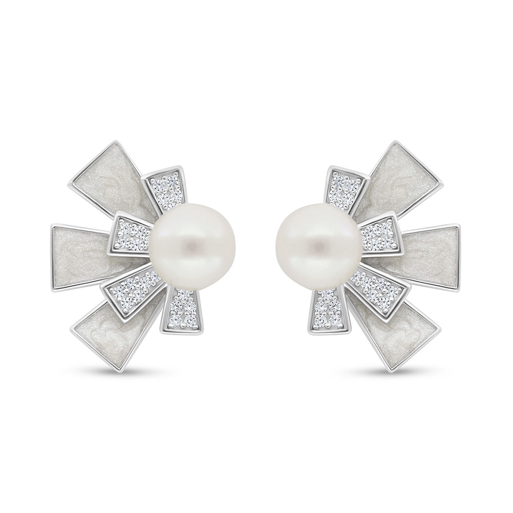 Sterling Silver 925 Earring Rhodium Plated Embedded With Fresh Water Pearl And White Shell And White Zircon