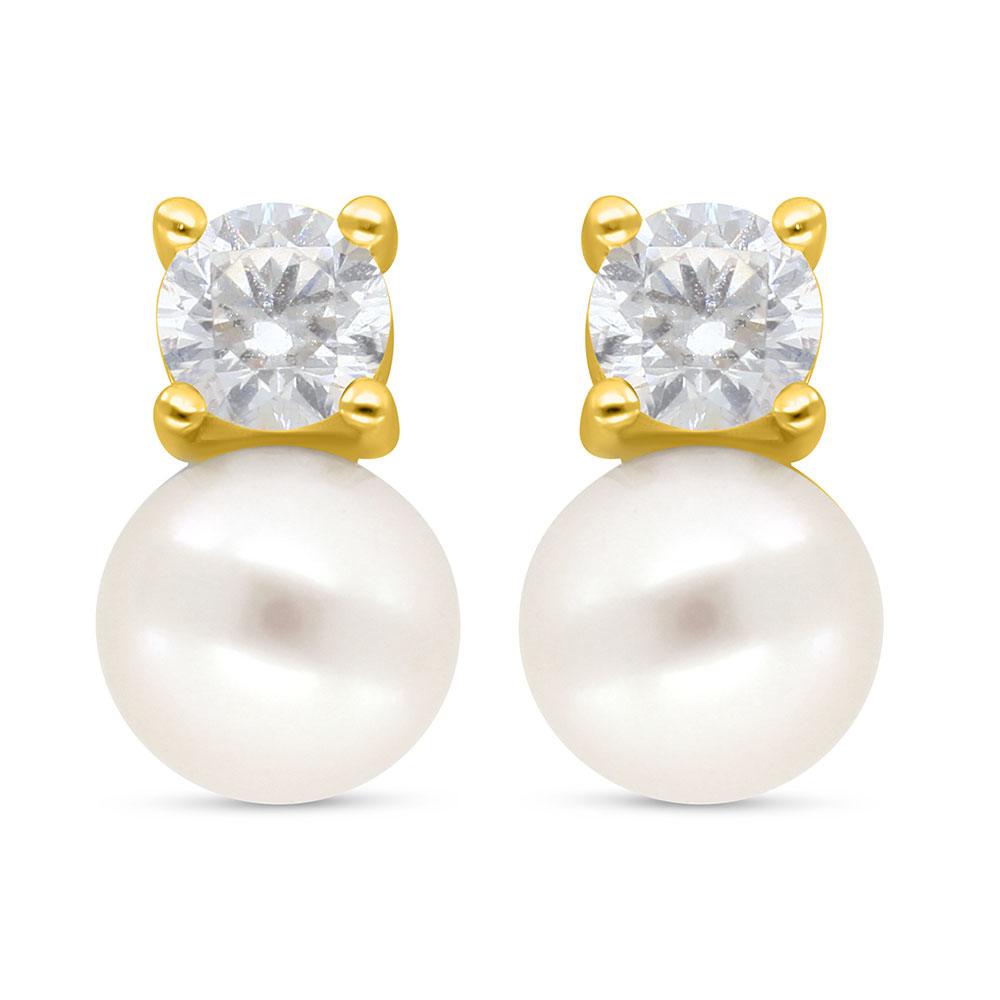 Sterling Silver 925 Earring Golden Plated Embedded With Fresh Water Pearl And White Zircon