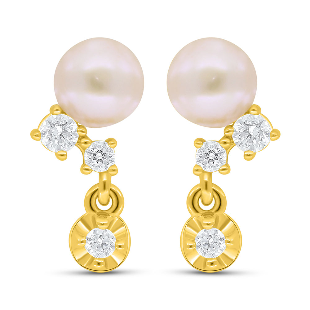 Sterling Silver 925 Earring Golden Plated Embedded With Fresh Water Pearl And White Zircon