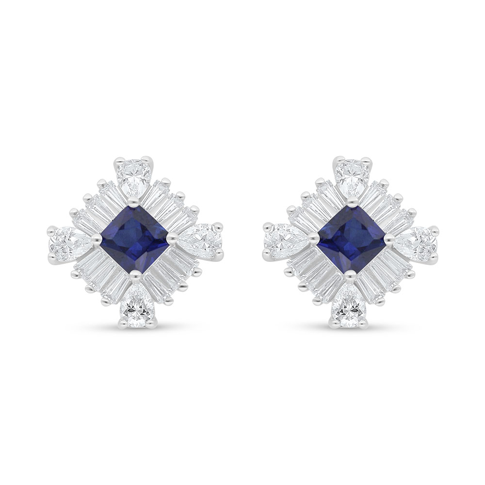 Sterling Silver 925 Earring Rhodium Plated Embedded With Sapphire Corundum And White Zircon