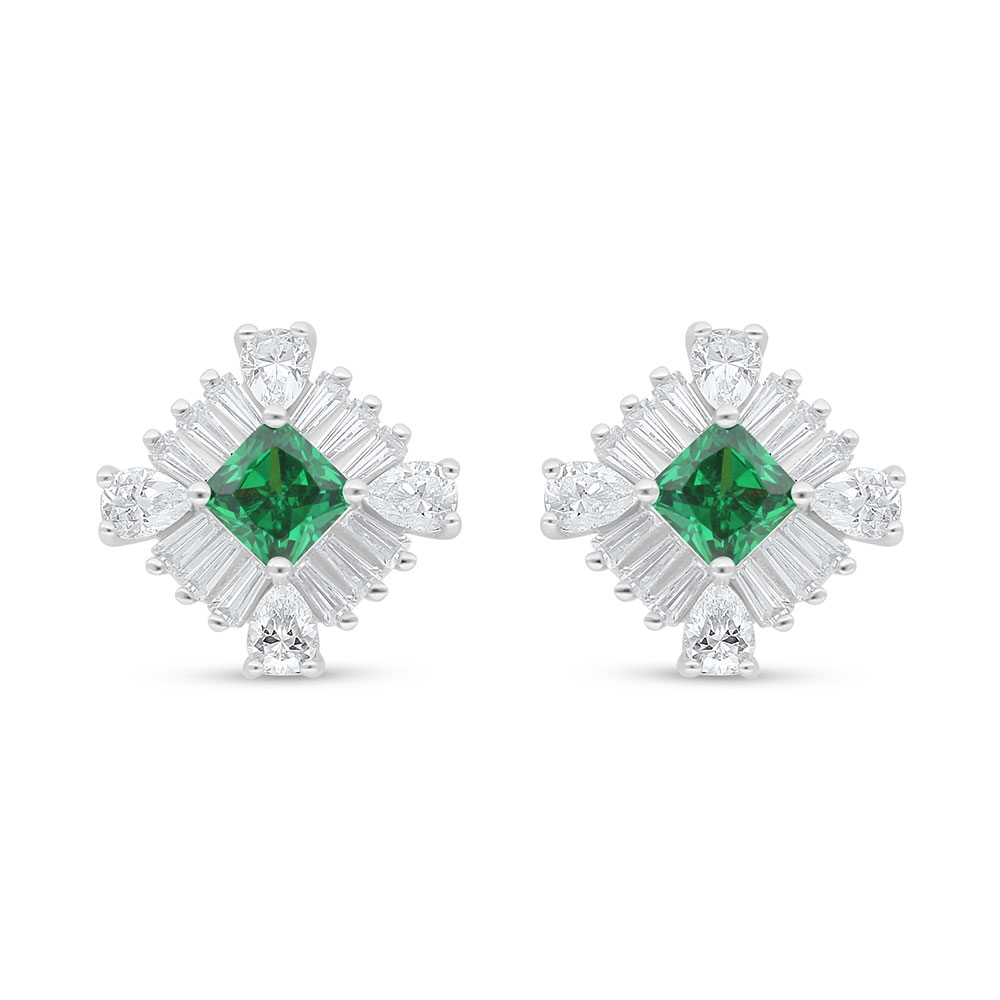 Sterling Silver 925 Earring Rhodium Plated Embedded With Emerald Zircon And White Zircon