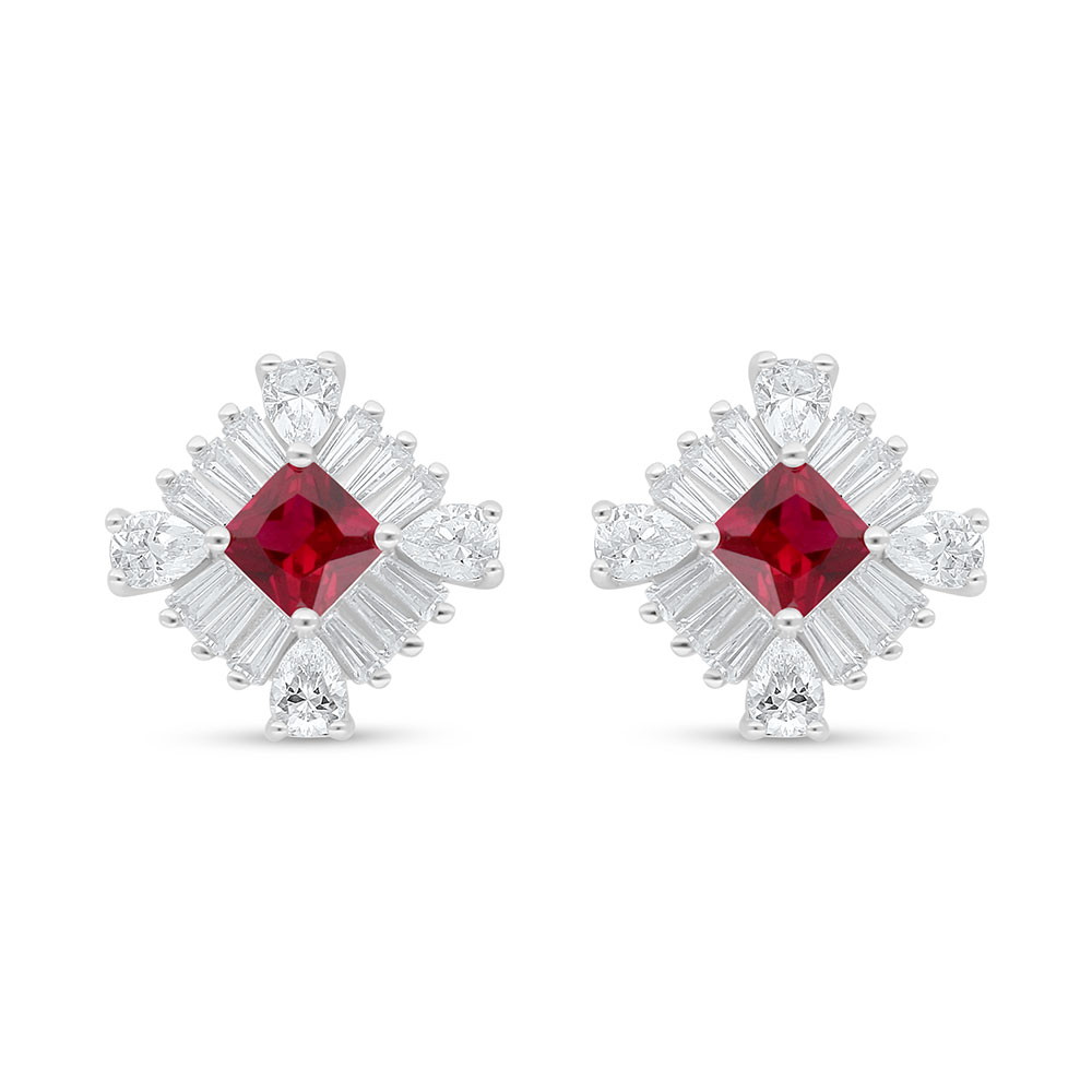 Sterling Silver 925 Earring Rhodium Plated Embedded With Ruby Corundum And White Zircon