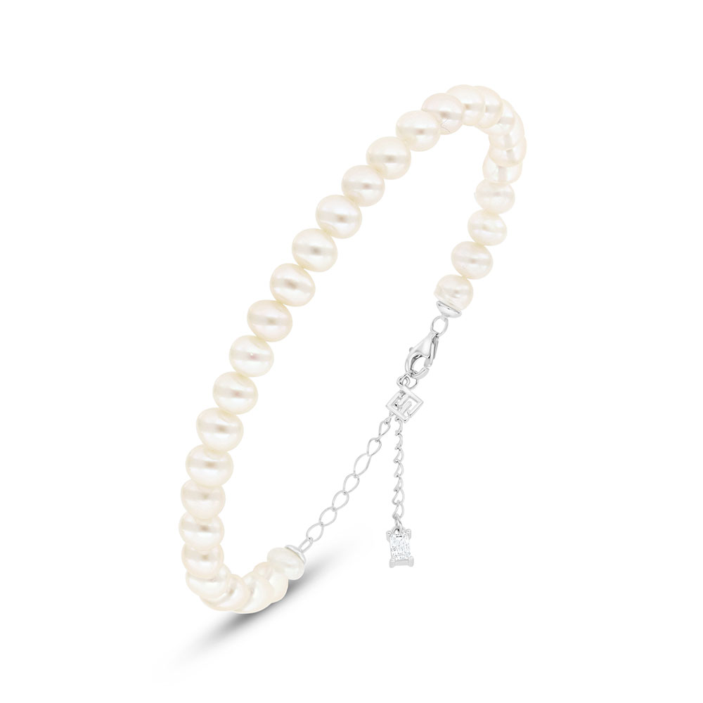 Sterling Silver 925 Bracelet Rhodium Plated Embedded With Fresh Water Pearl And White Zircon Logo