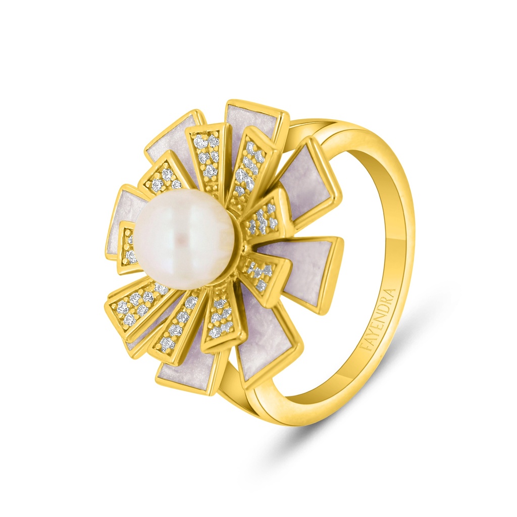 Sterling Silver 925 Ring Golden Plated Embedded With Fresh Water Pearl And White Shell And White Zircon