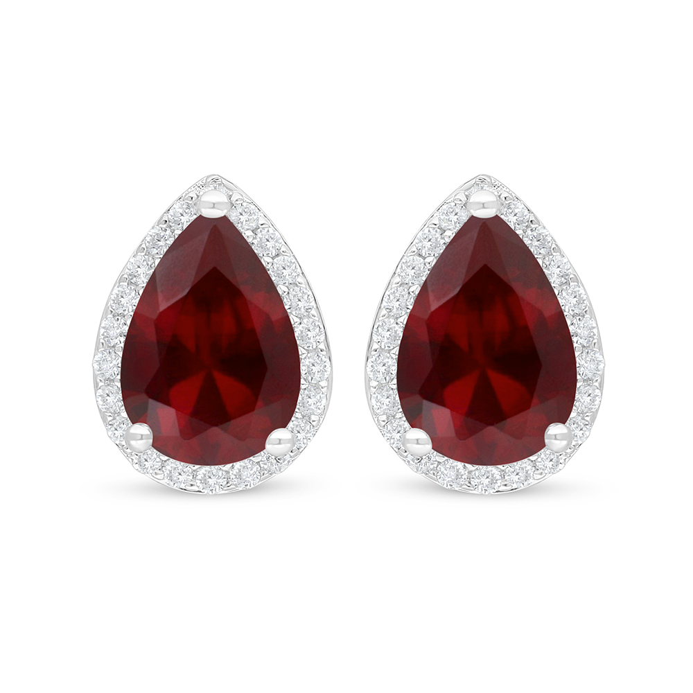 Sterling Silver 925 Earring Rhodium Plated Embedded With Ruby Corundum And White Zircon