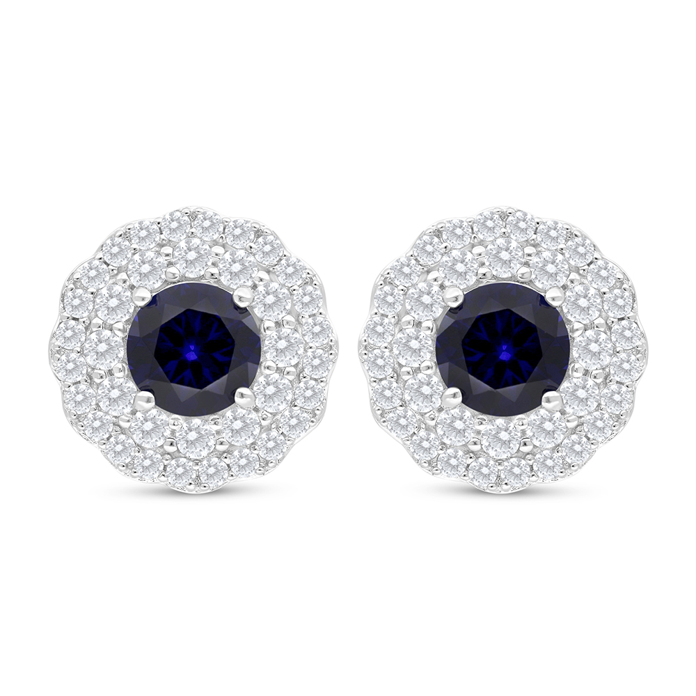 Sterling Silver 925 Earring Rhodium Plated Embedded With Sapphire Corundum And White Zircon