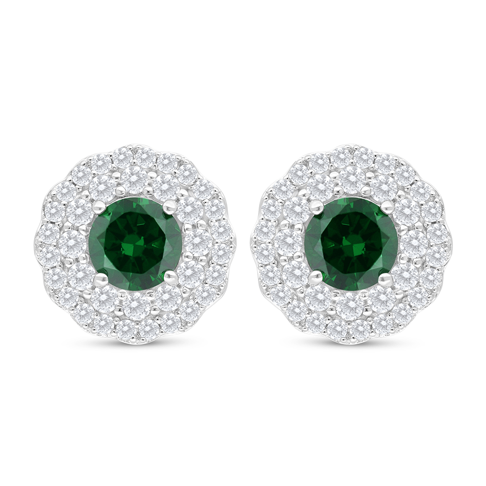 Sterling Silver 925 Earring Rhodium Plated Embedded With Emerald Zircon And White Zircon