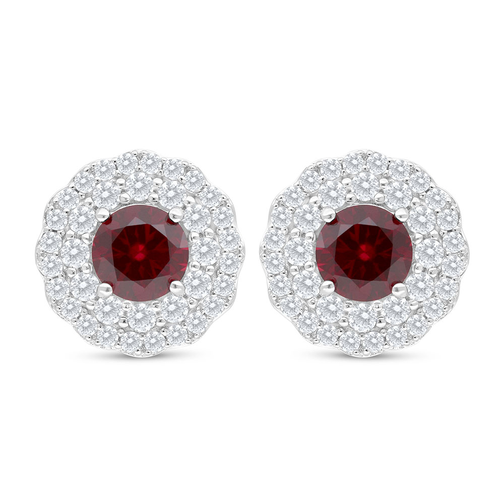 Sterling Silver 925 Earring Rhodium Plated Embedded With Ruby Corundum And White Zircon