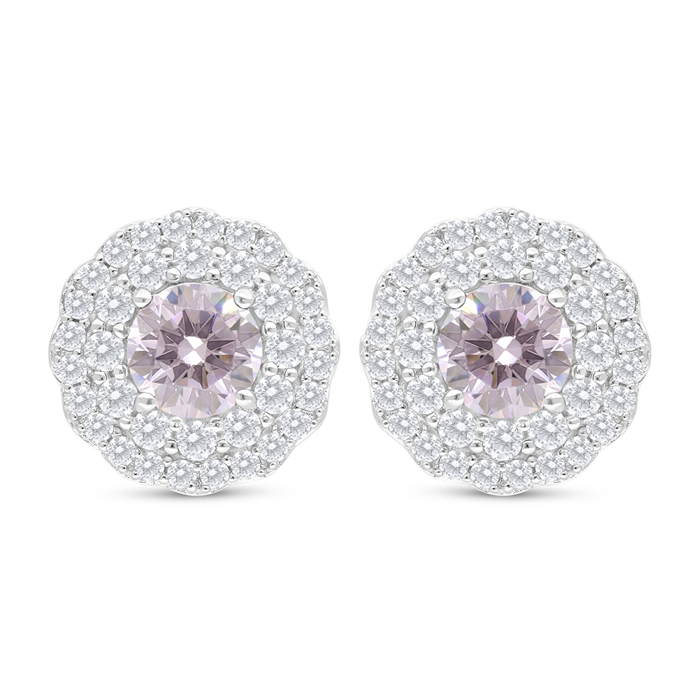 Sterling Silver 925 Earring Rhodium Plated Embedded With Pink Zircon And White Zircon