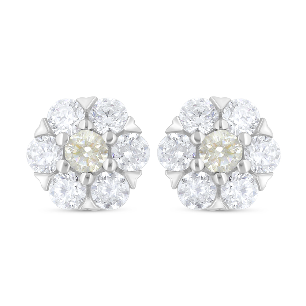 Sterling Silver 925 Earring Rhodium Plated Embedded With Yellow Diamond And White Zircon