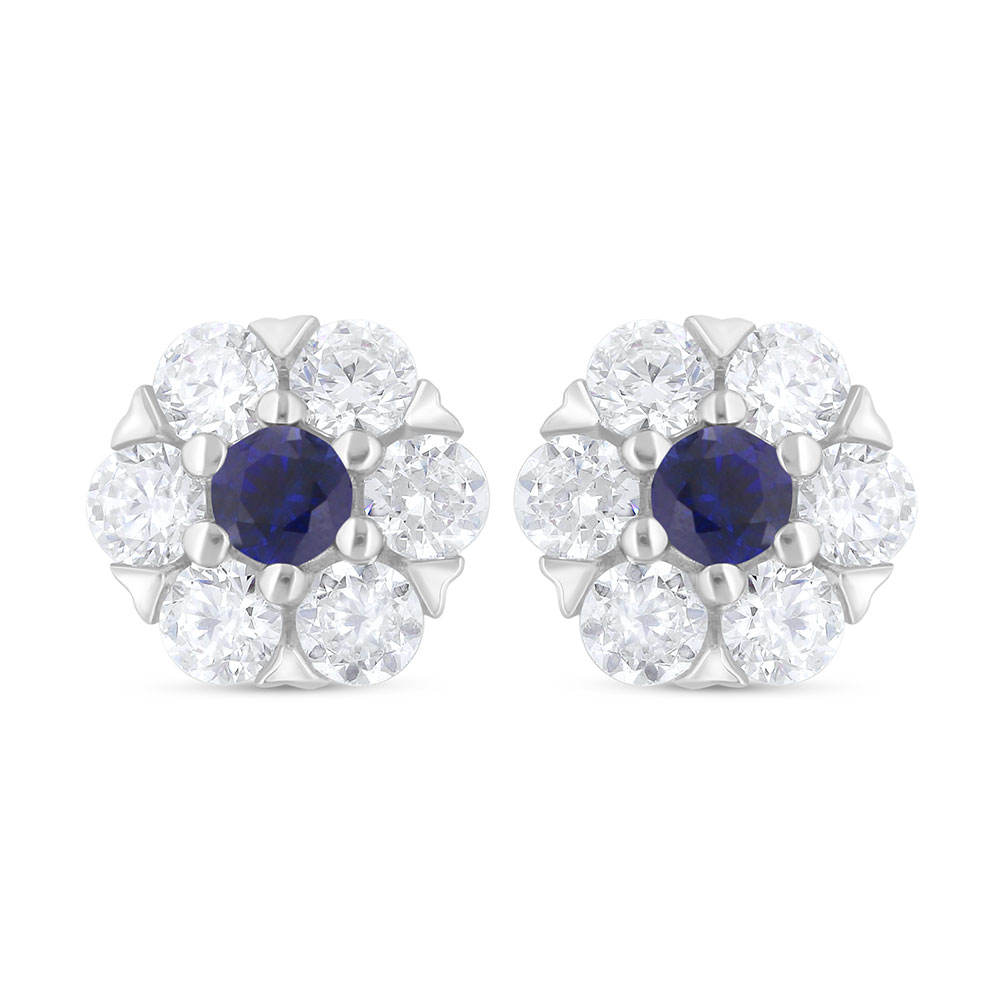 Sterling Silver 925 Earring Rhodium Plated Embedded With Sapphire Corundum And White Zircon