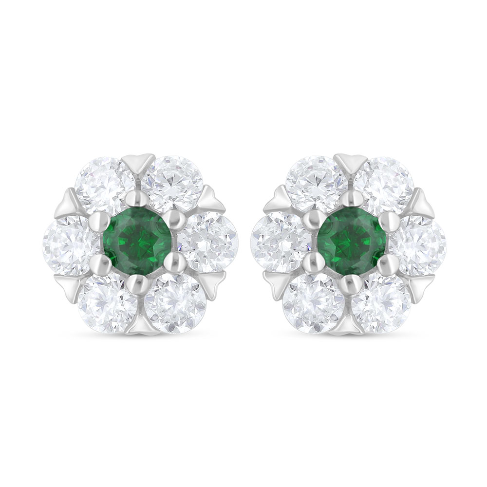 Sterling Silver 925 Earring Rhodium Plated Embedded With Emerald Zircon And White Zircon