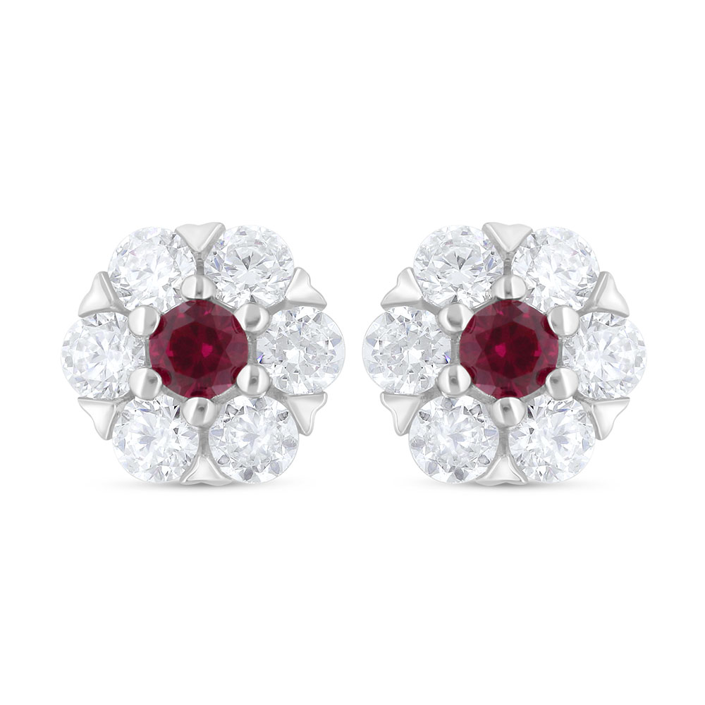 Sterling Silver 925 Earring Rhodium Plated Embedded With Ruby Corundum And White Zircon