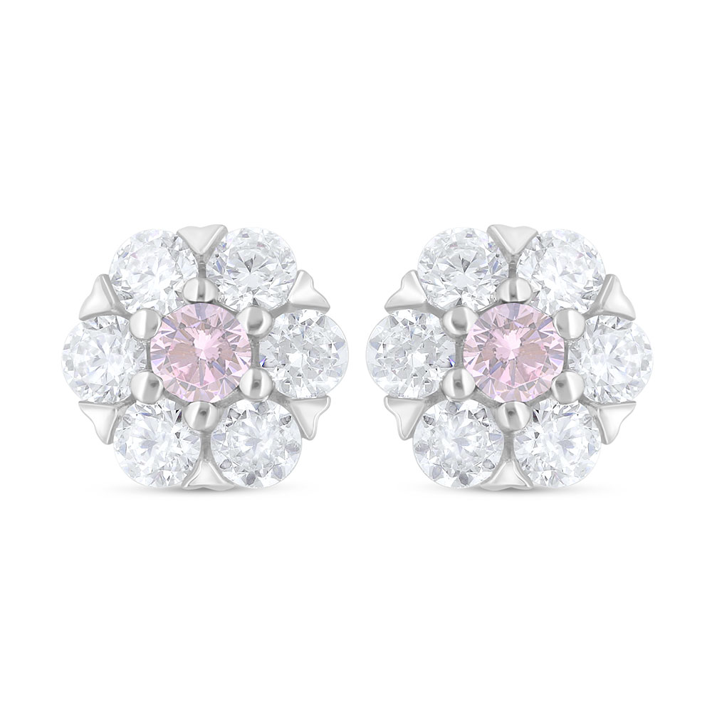 Sterling Silver 925 Earring Rhodium Plated Embedded With Pink Zircon And White Zircon