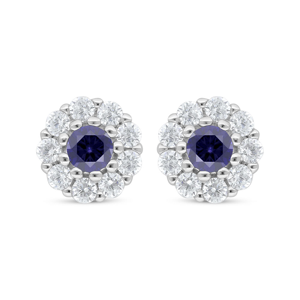 Sterling Silver 925 Earring Rhodium Plated Embedded With Sapphire Corundum And White Zircon