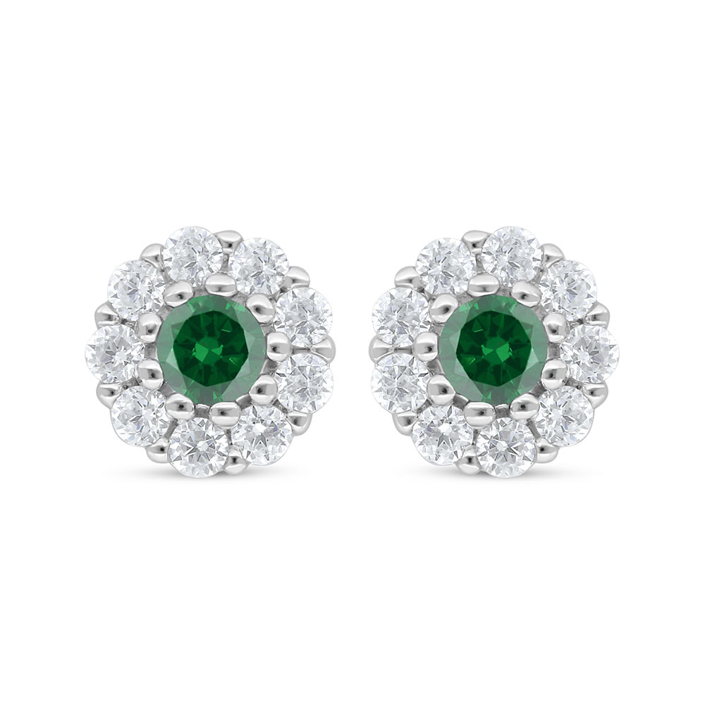 Sterling Silver 925 Earring Rhodium Plated Embedded With Emerald Zircon And White Zircon