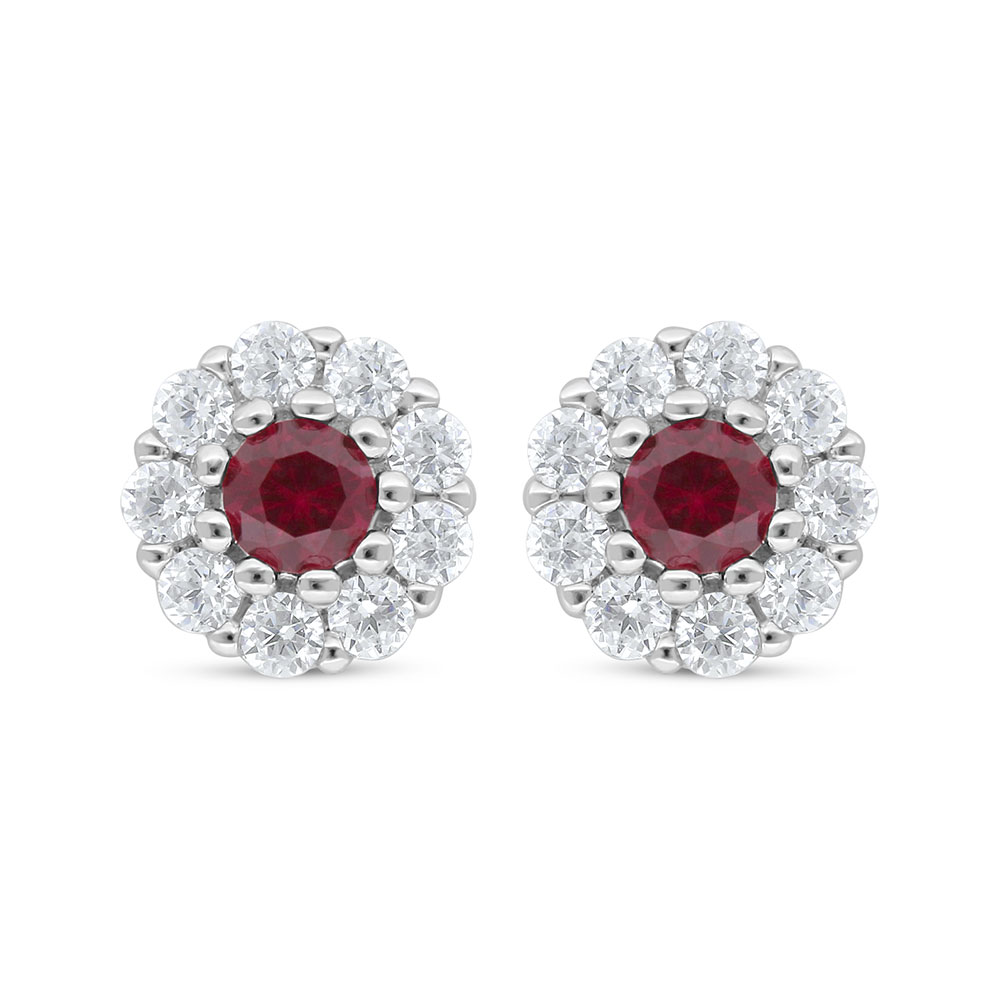 Sterling Silver 925 Earring Rhodium Plated Embedded With Ruby Corundum And White Zircon