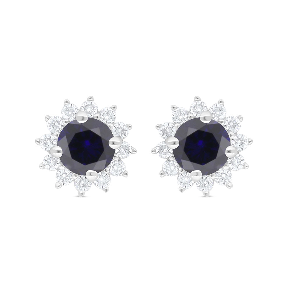 Sterling Silver 925 Earring Rhodium Plated Embedded With Sapphire Corundum And White Zircon