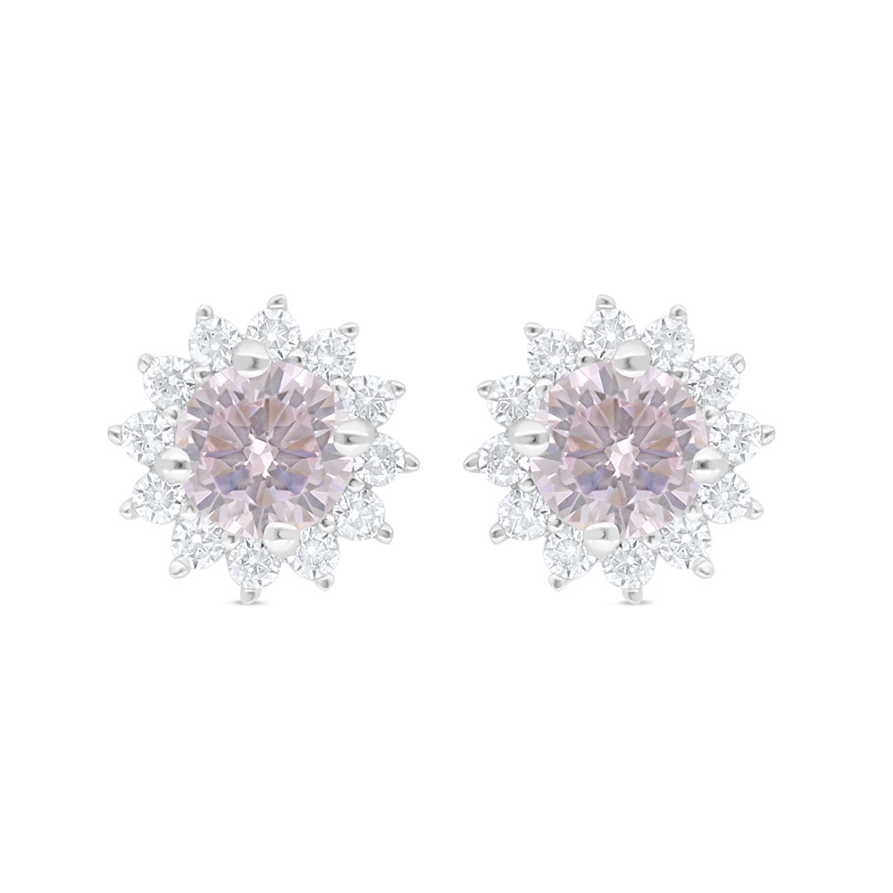 Sterling Silver 925 Earring Rhodium Plated Embedded With Pink Zircon And White Zircon