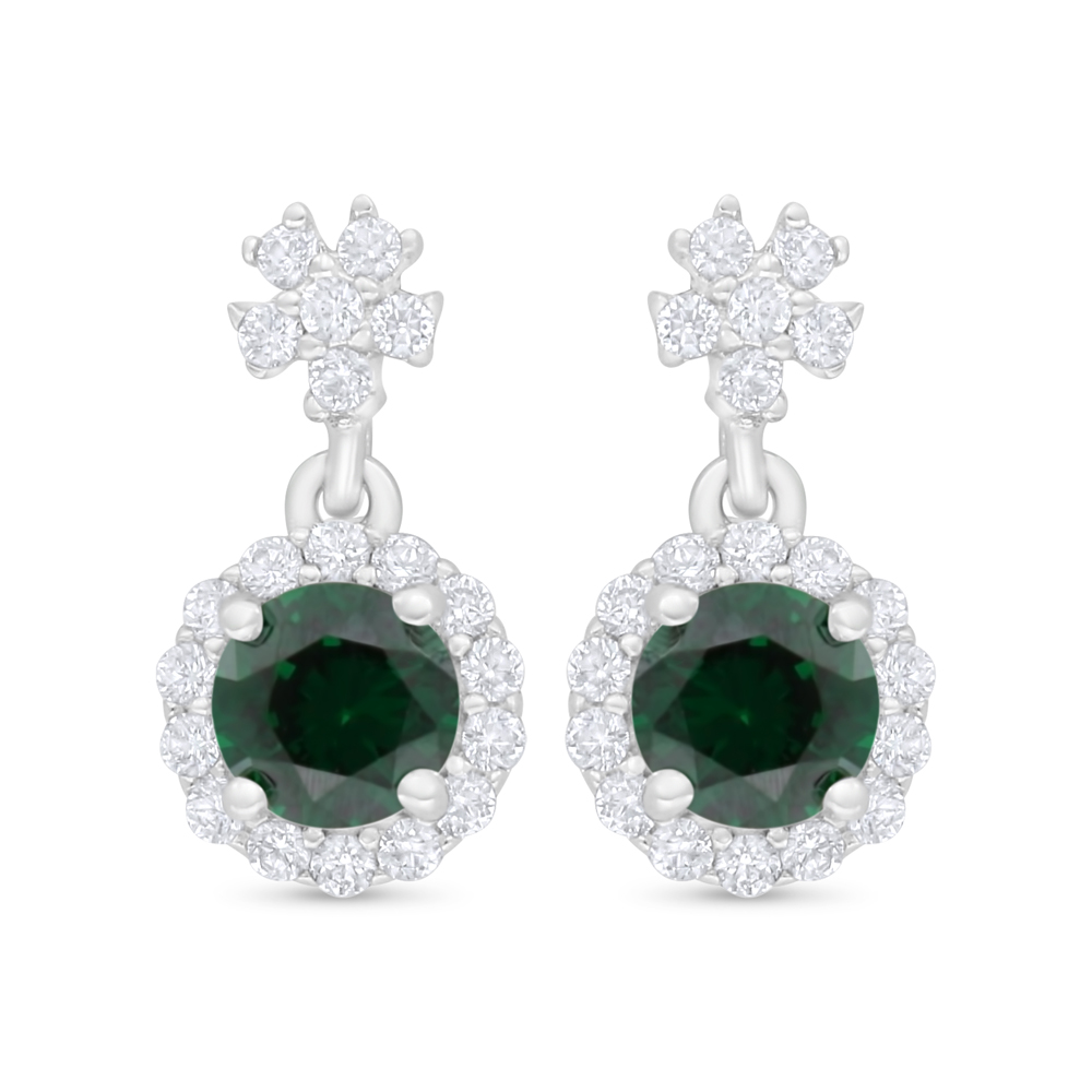 Sterling Silver 925 Earring Rhodium Plated Embedded With Emerald Zircon And White Zircon