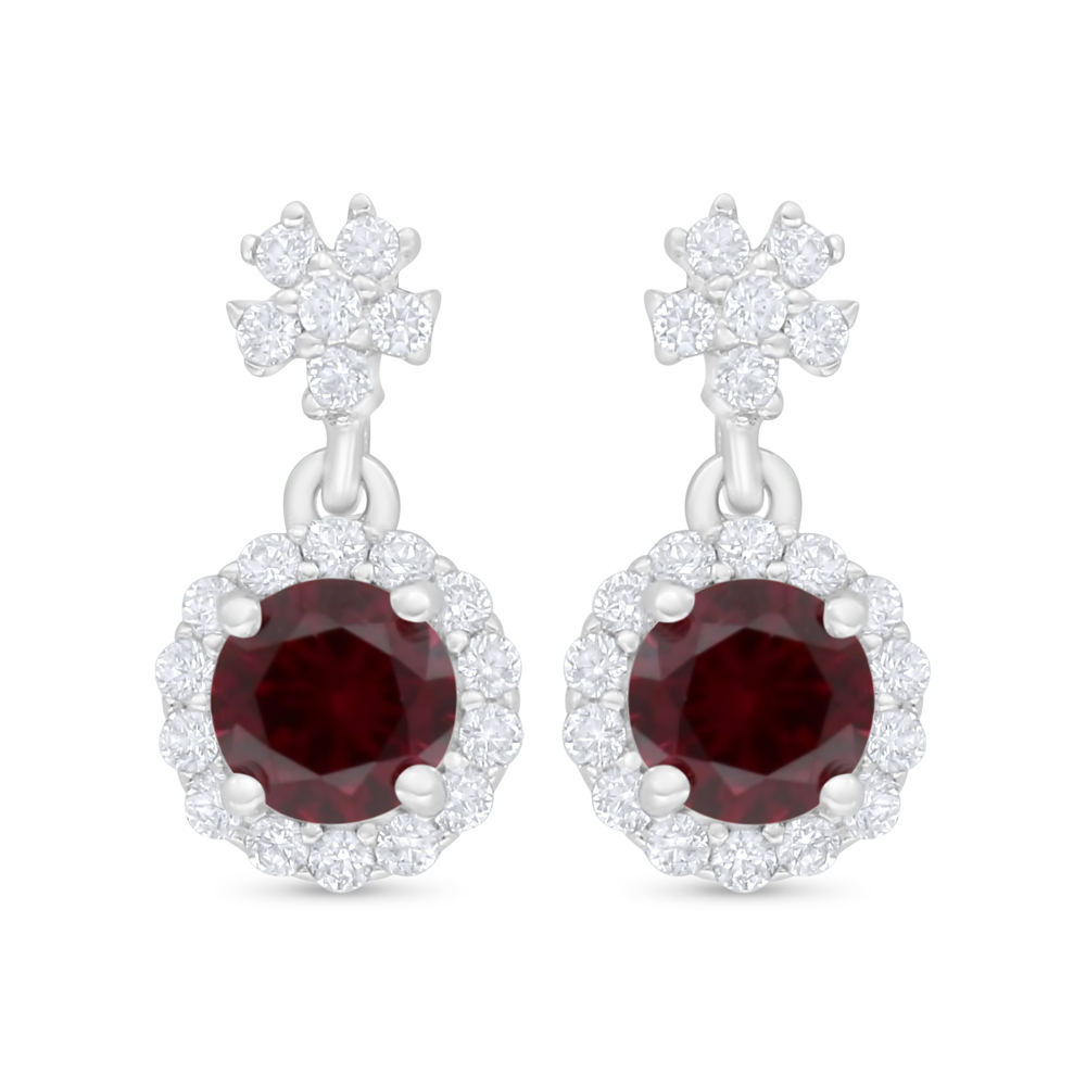 Sterling Silver 925 Earring Rhodium Plated Embedded With Ruby Corundum And White Zircon